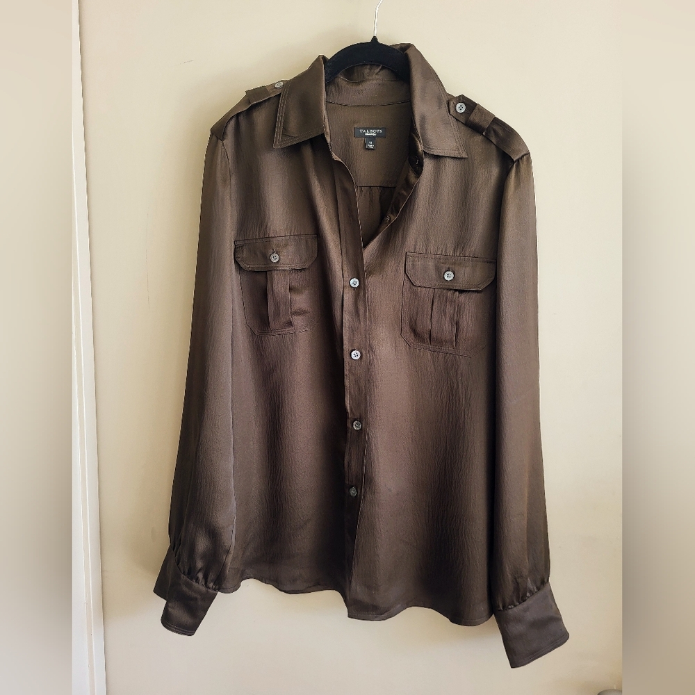Talbots 100% Silk Button Front Blouse Brown Utility Style - Picture 2 of 9